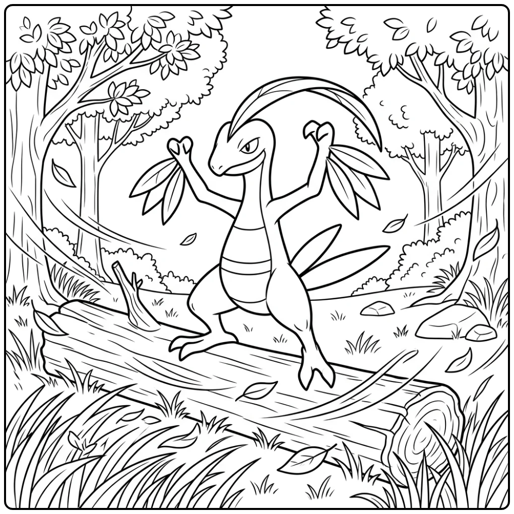 Pokemon Grovyle kleurplaat in het bos op een boomstam.