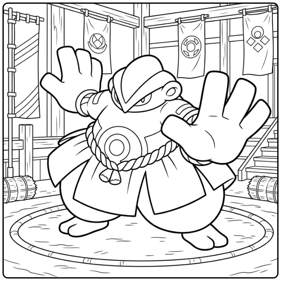 Pokemon Hariyama kleurplaat in een traditionele trainingsring.