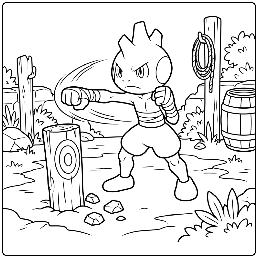 Leuke Pokemon Tyrogue kleurplaat in de trainingsweide.