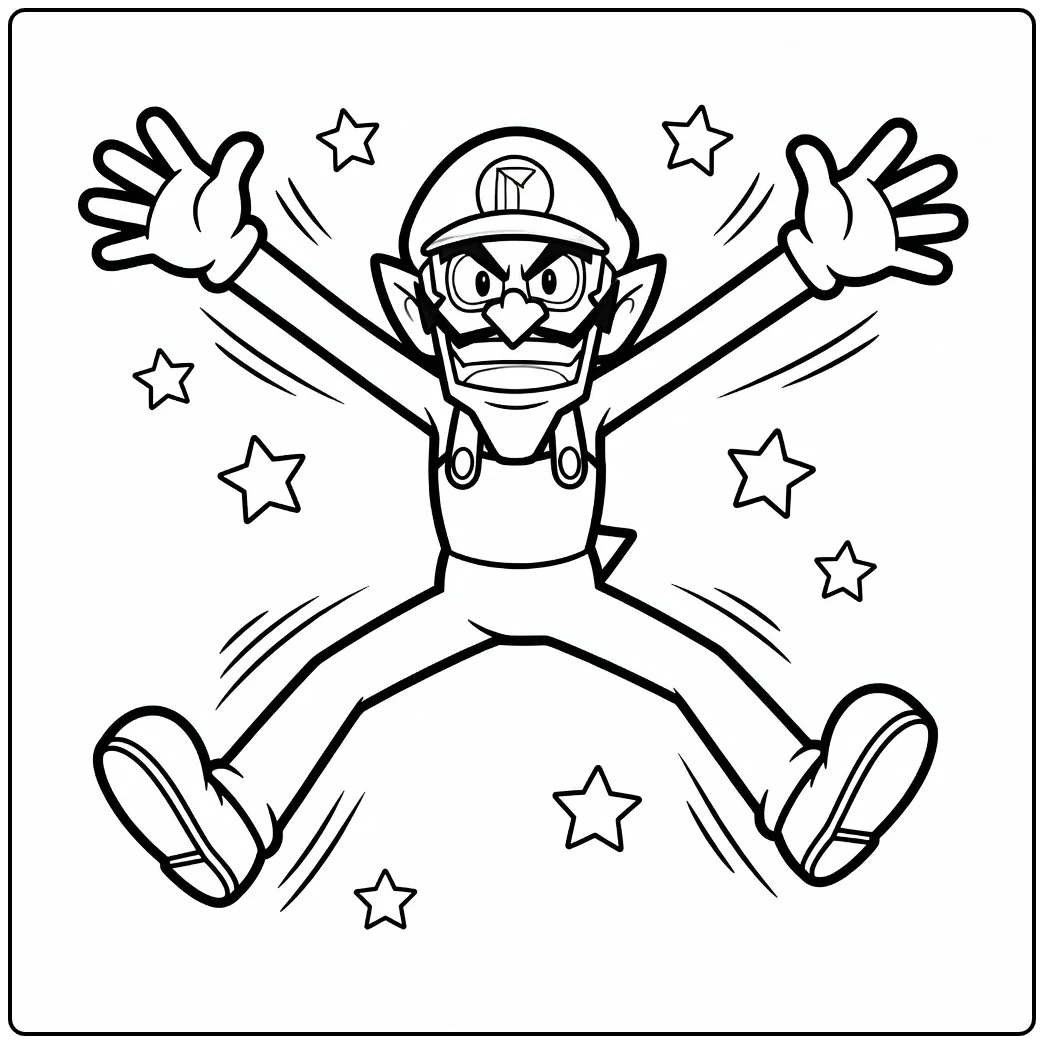 Vrolijke waluigi kleurplaat waar hij in de lucht springt.
