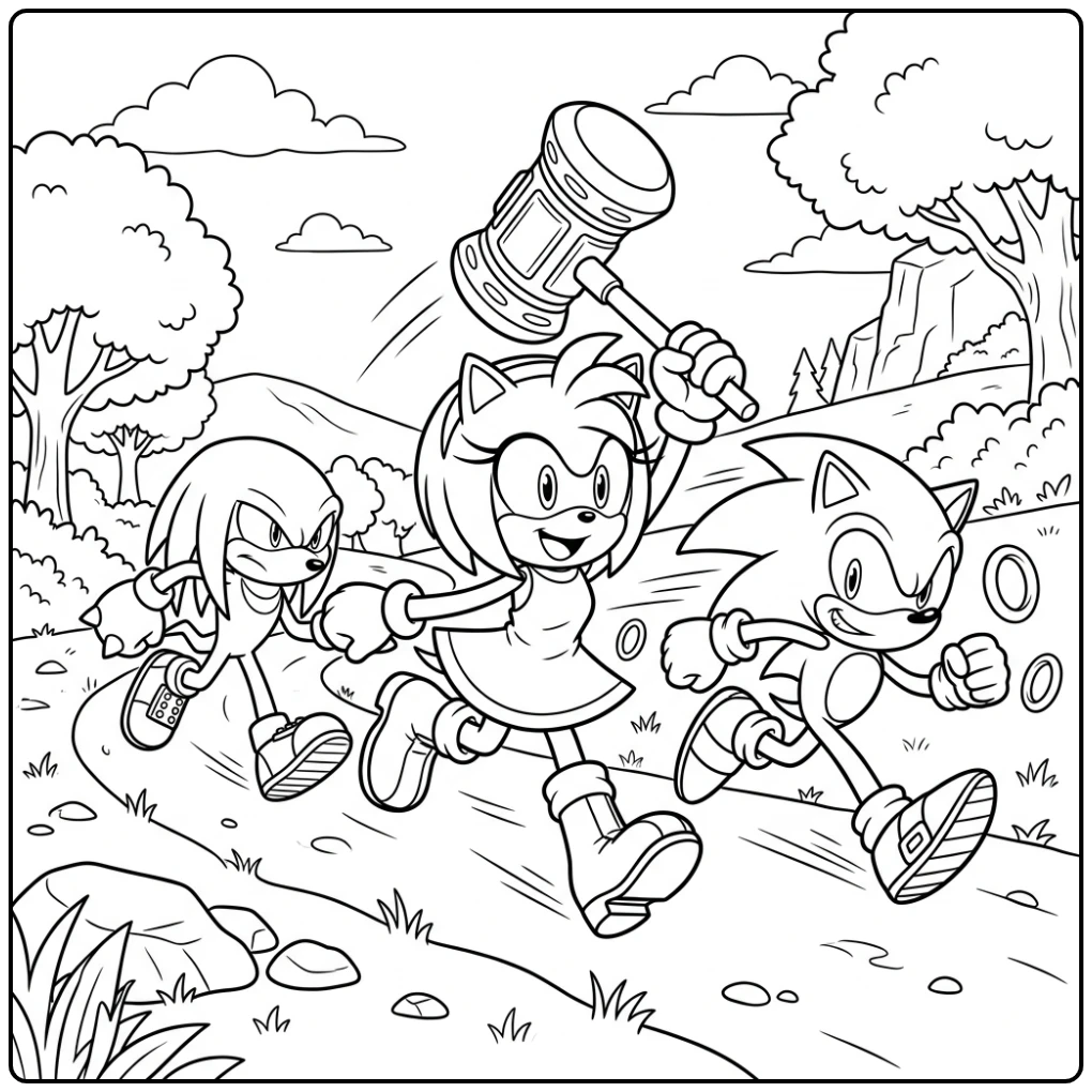 Amy Sonic kleurplaat: Amy, Sonic en Knuckles racen vrolijk samen