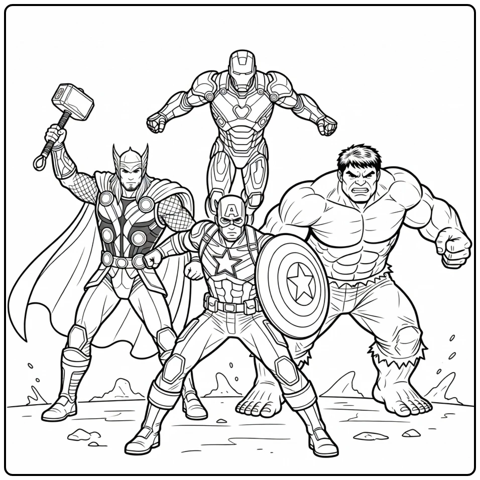 Mooie avengers kleurplaat met Captain America en de helden.