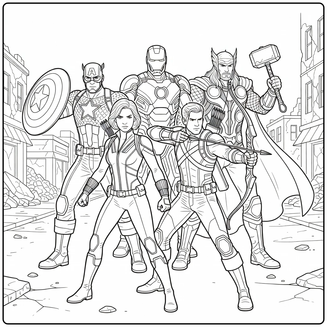 Spannende avengers kleurplaat met Black Widow en Hawkeye.