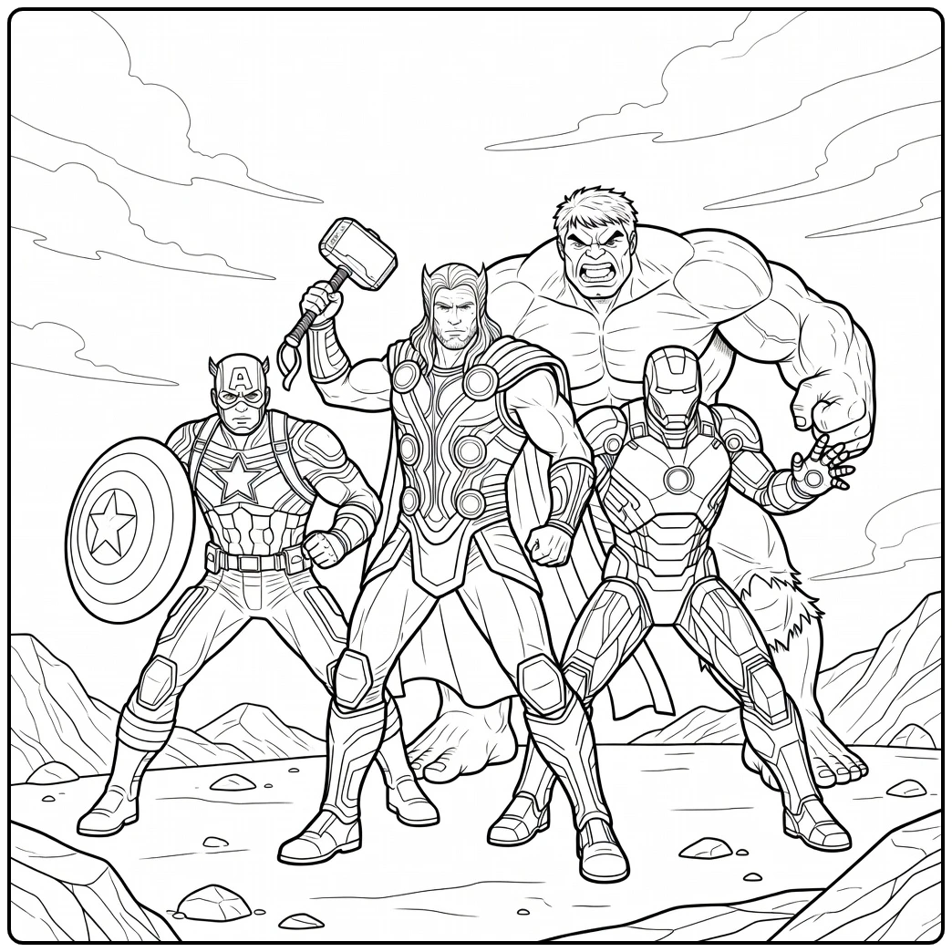 Mooie avengers kleurplaat met Thor, Hulk en Captain America.