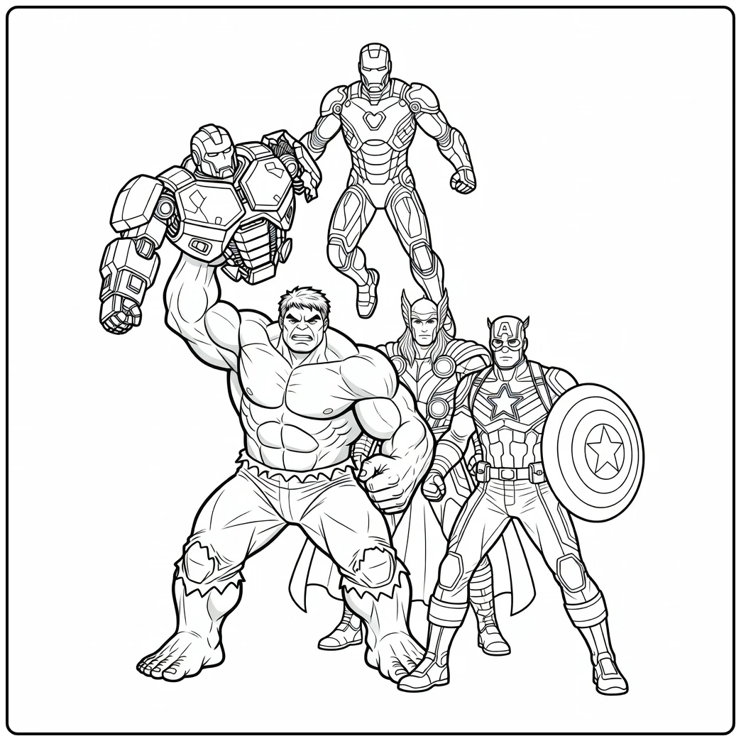 Spannende avengers kleurplaat met Hulk, Iron Man en Thor.