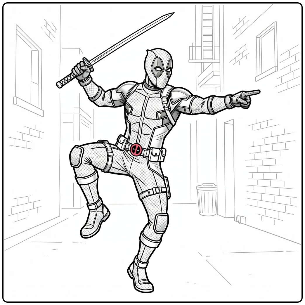 Grappige deadpool kleurplaat met zwaard in een steeg.