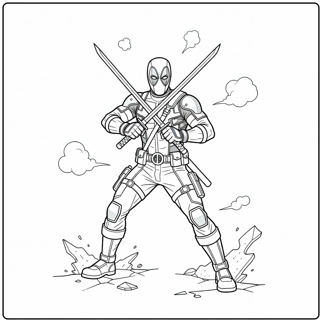 Stoere deadpool kleurplaat met gekruiste zwaarden.
