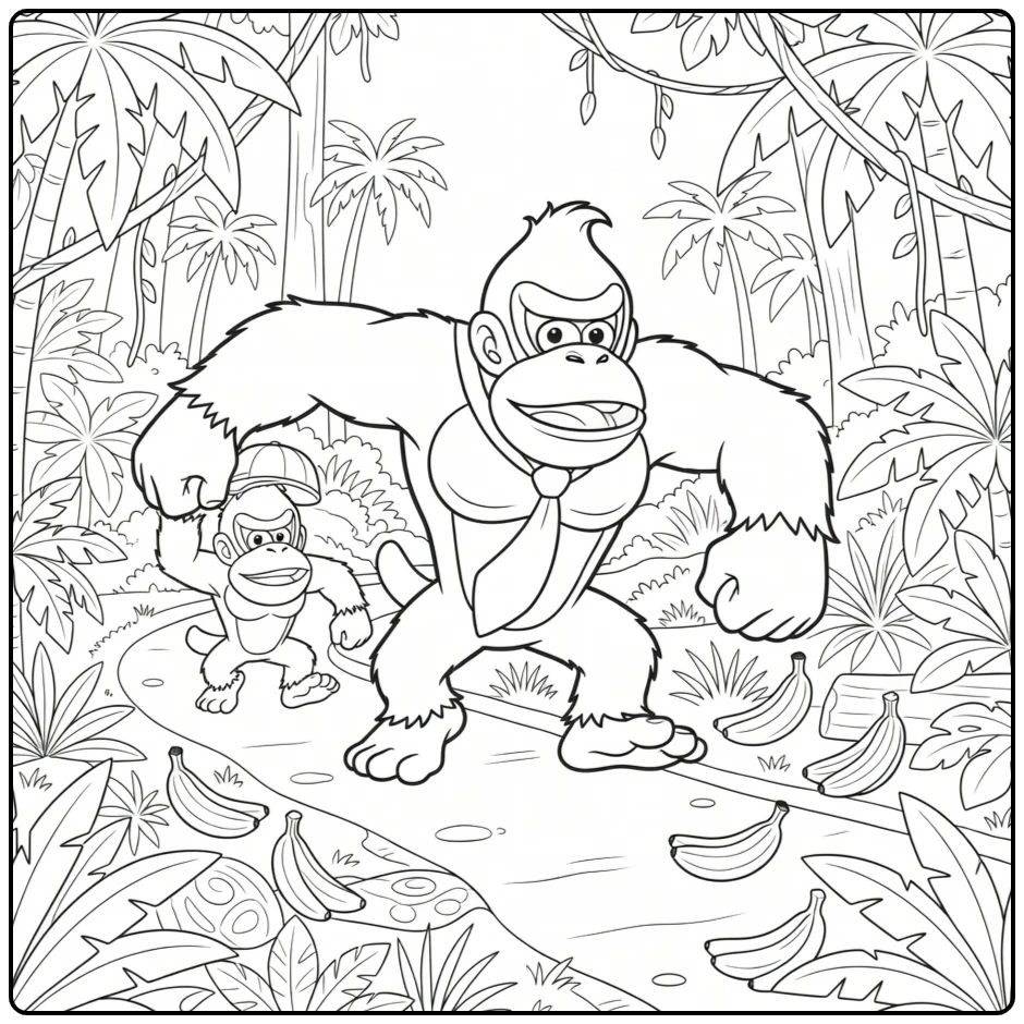 Spannende donkey kong kleurplaat in de jungle.