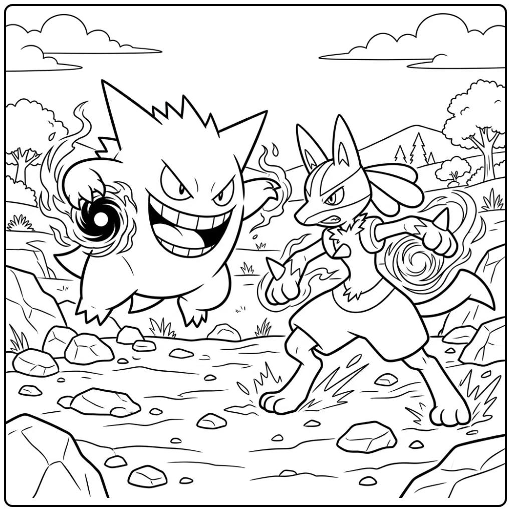 Gengar kleurplaat: Episch gevecht tussen Gengar en Lucario op een trainingsveld.