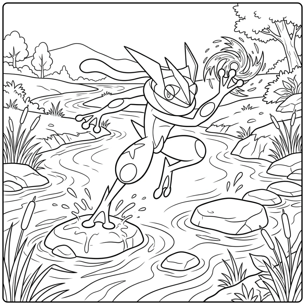 Dynamische greninja kleurplaat: Greninja springt over rivierstenen.