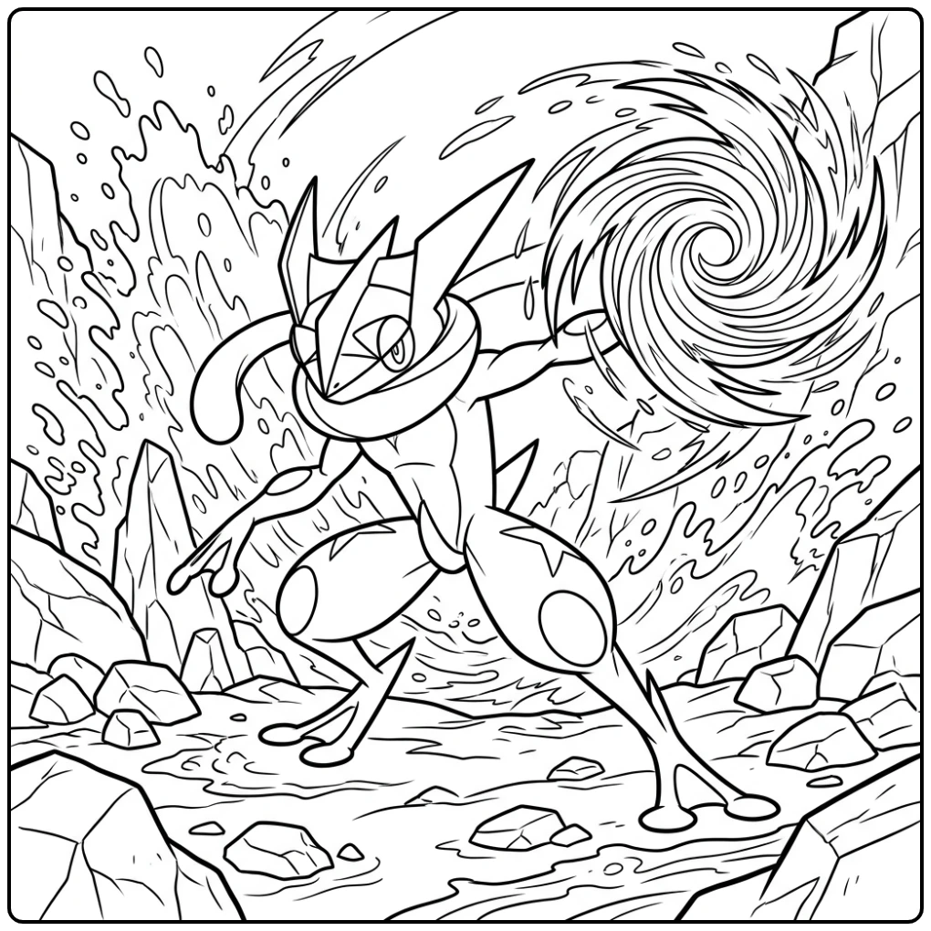 Dynamische greninja kleurplaat: Greninja werpt een water shuriken!