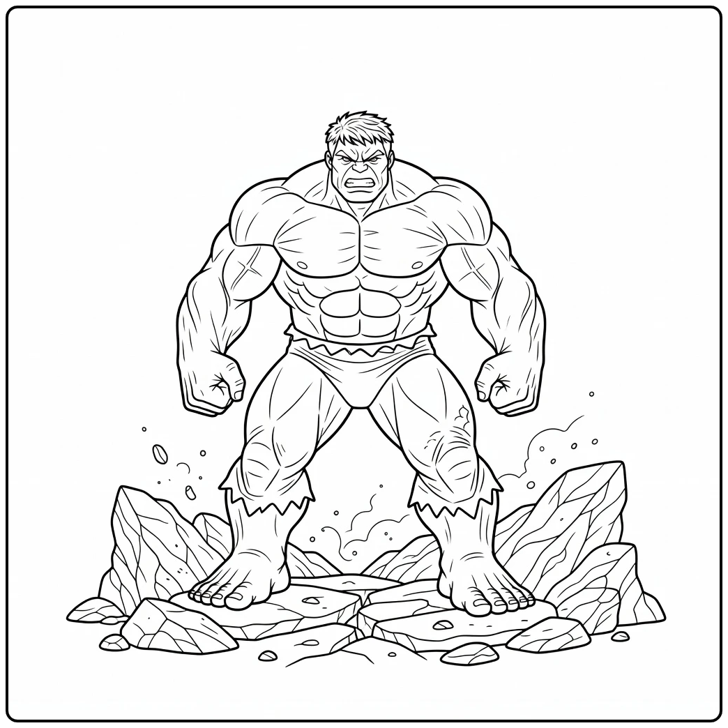 Krachtige hulk kleurplaat met gebalde vuisten op rotsen.