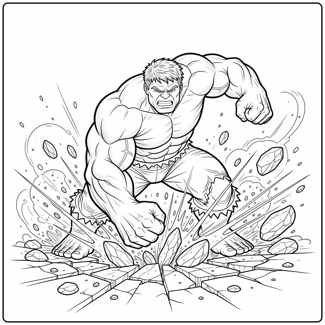 hulk kleurplaat waar hij met beide vuisten de grond raakt.