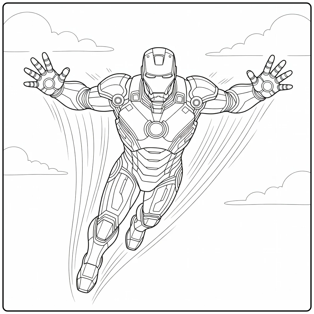 Vliegende iron man kleurplaat met wolken en bewegingslijnen.