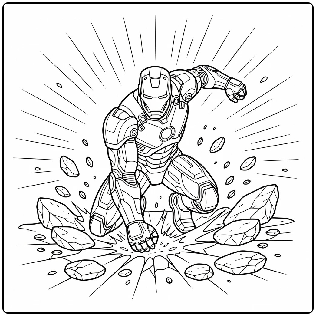 Stoere iron man kleurplaat in superheldenlanding.