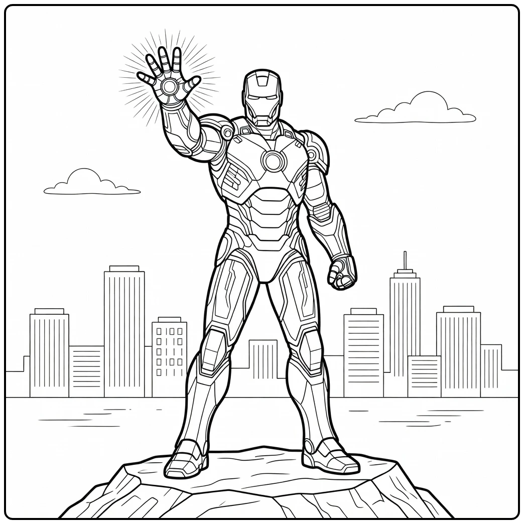 Heldhaftige iron man kleurplaat op een rots boven de stad.