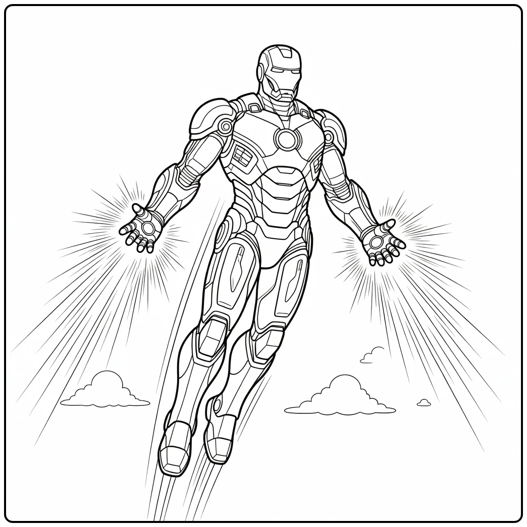 Vliegende iron man kleurplaat met repulsors en wolken.