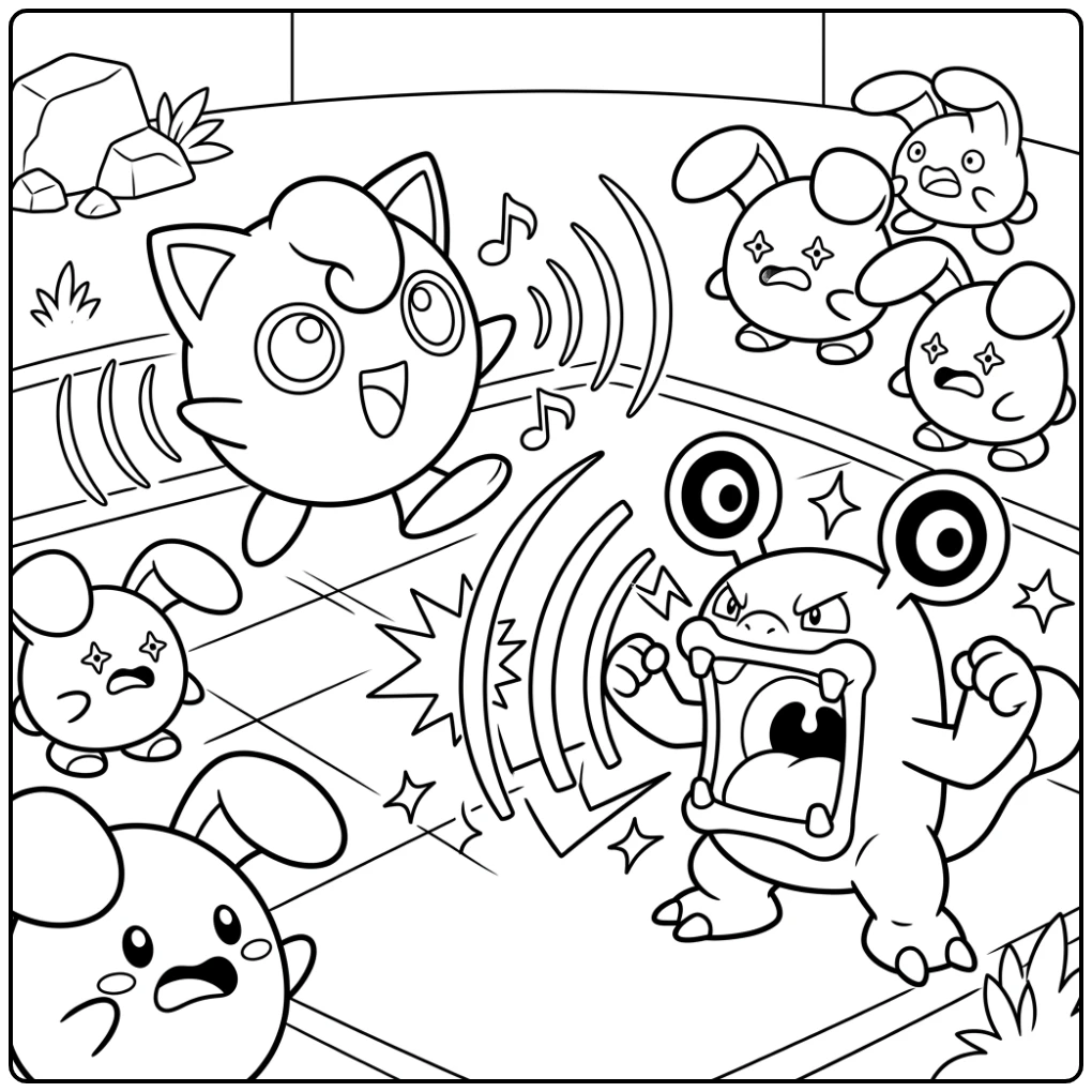 Jigglypuff kleurplaat: gevecht met Loudred en toekijkende Whismur