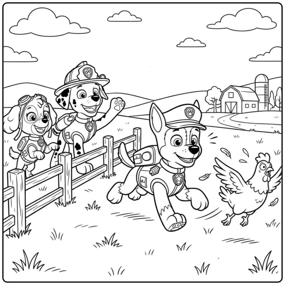 Leuke kleurplaat paw patrol chase, kip achtervolging op de boerderij