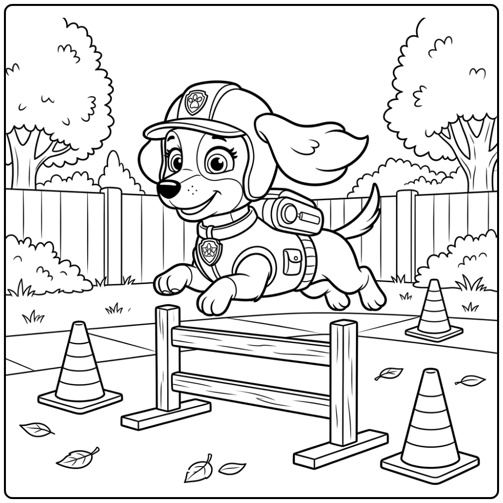 Kleurplaat Paw Patrol Liberty springt behendig over een lage hindernis.