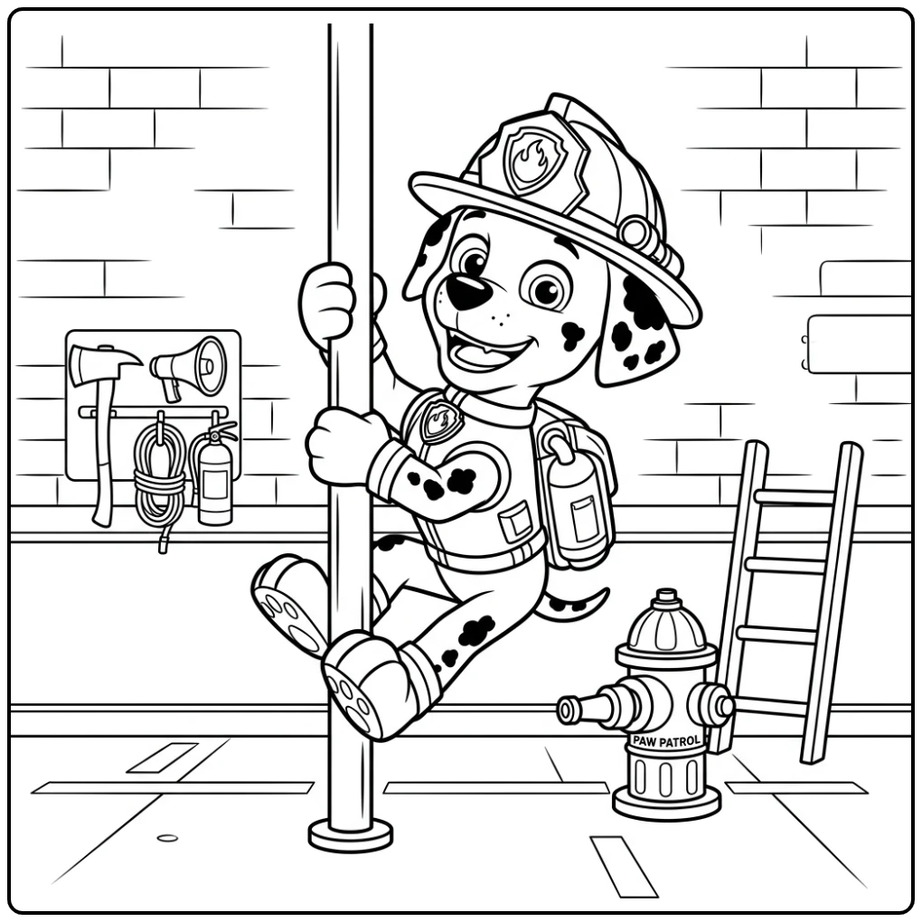 Marshall de brandweerhond op kleurplaat paw patrol marshall glijdt van de paal.