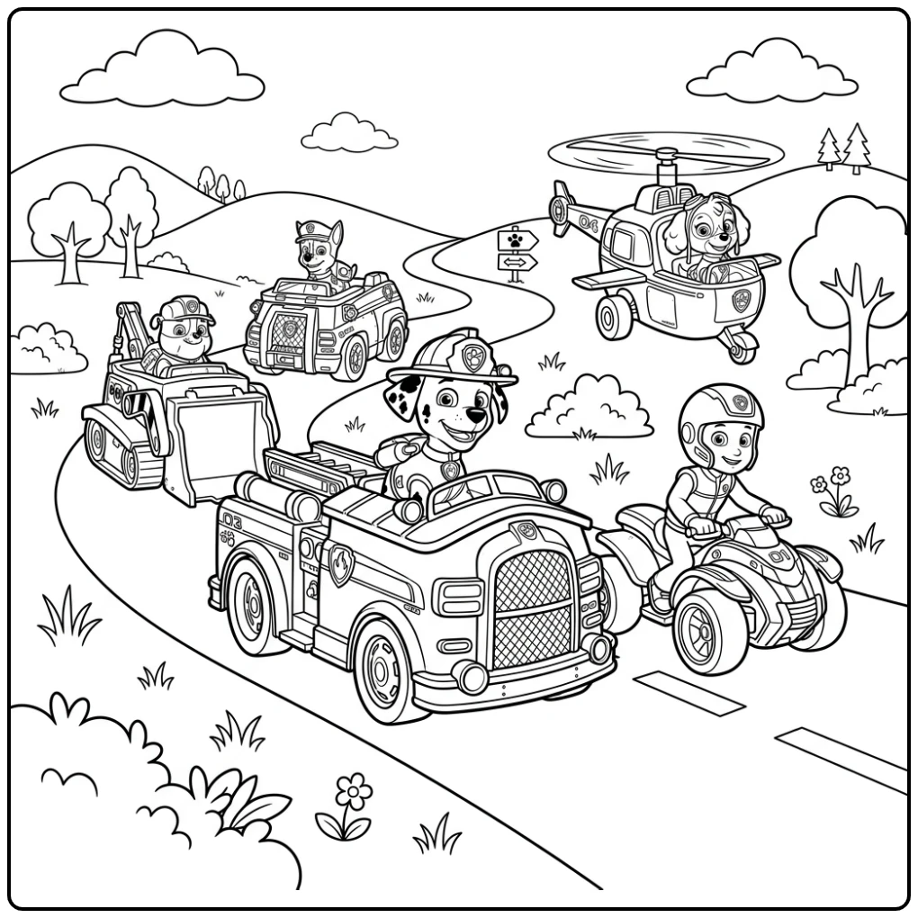 Spannende kleurplaat paw patrol marshall in zijn brandweerwagen op weg