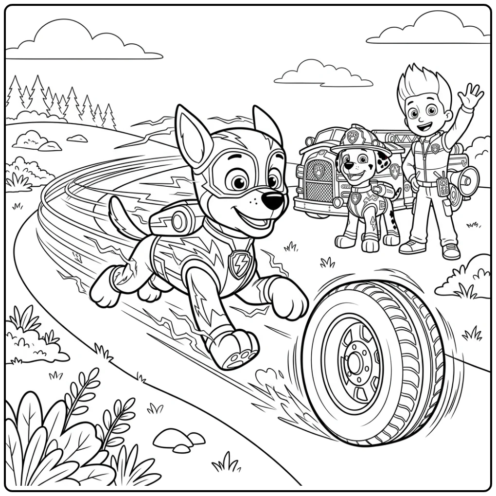 Kleurplaat paw patrol mega pups: Chase rent achter band aan