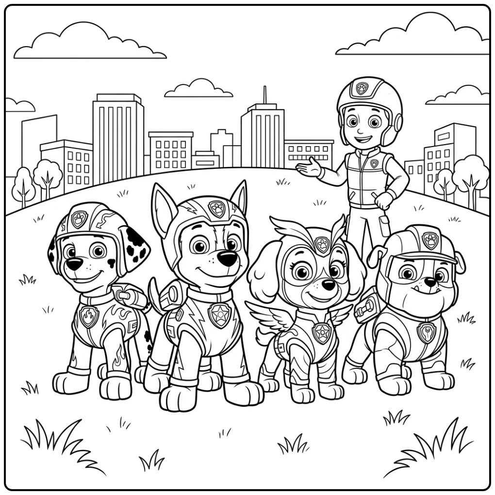 Heroïsche kleurplaat paw patrol mega pups op een heuvel met Ryder