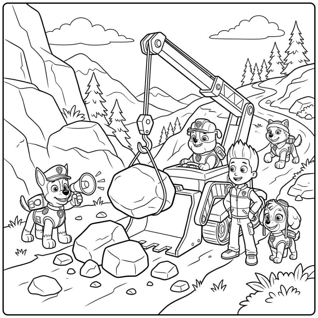 Kleurplaat Paw Patrol Rubble: Rubble tilt stenen, Ryder kijkt.