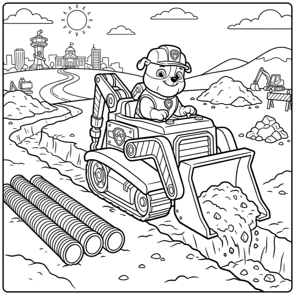 Rubble graaft een geul met zijn bulldozer, een kleurplaat paw patrol rubble