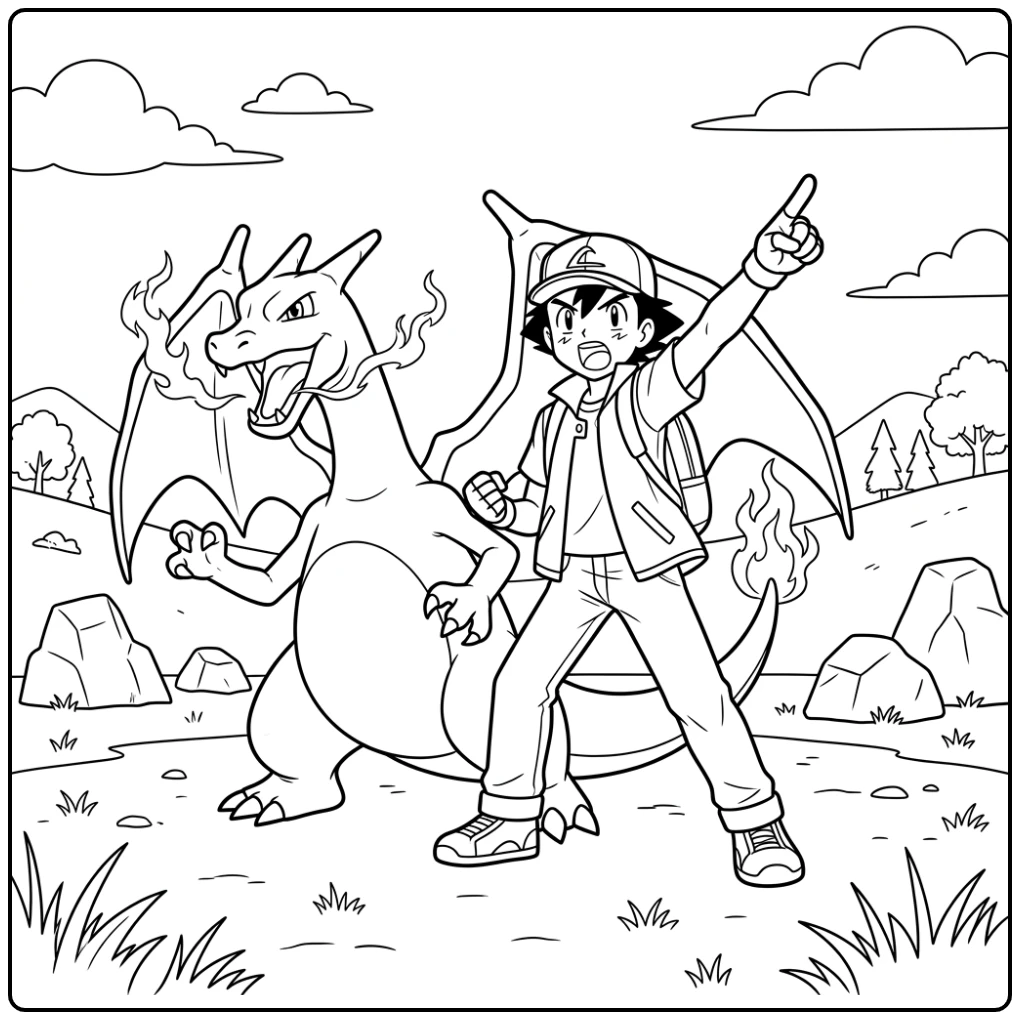 Ash en Charizard in training: de perfecte kleurplaat pokemon ash