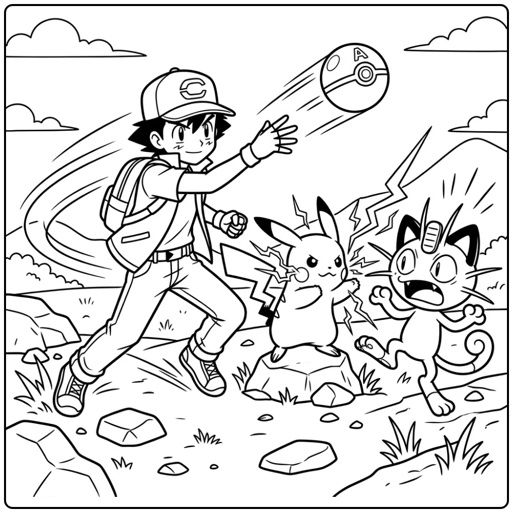 Dynamische kleurplaat pokemon ash, Pikachu in actie, Team Rocket strijd