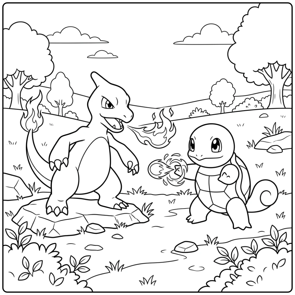 Vriendelijke strijd: kleurplaat pokemon charmeleon tegen Squirtle