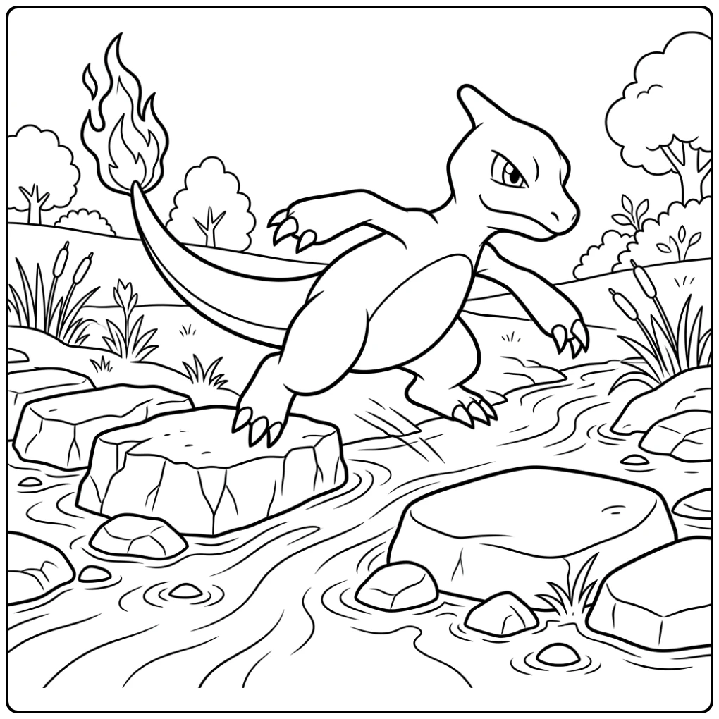 Levendige kleurplaat pokemon charmeleon: Charmeleon springt over beek.