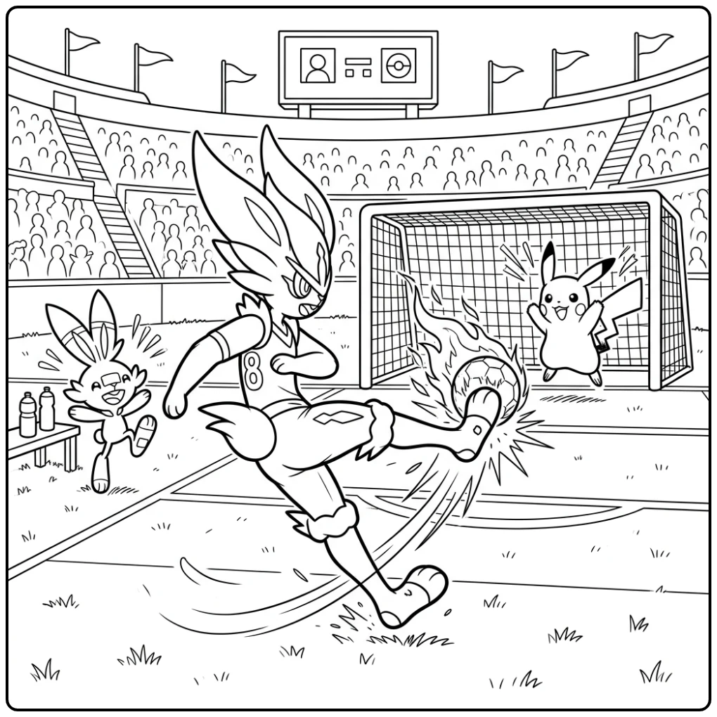 Dynamische kleurplaat pokemon cinderace van Cinderace's vurige trap.