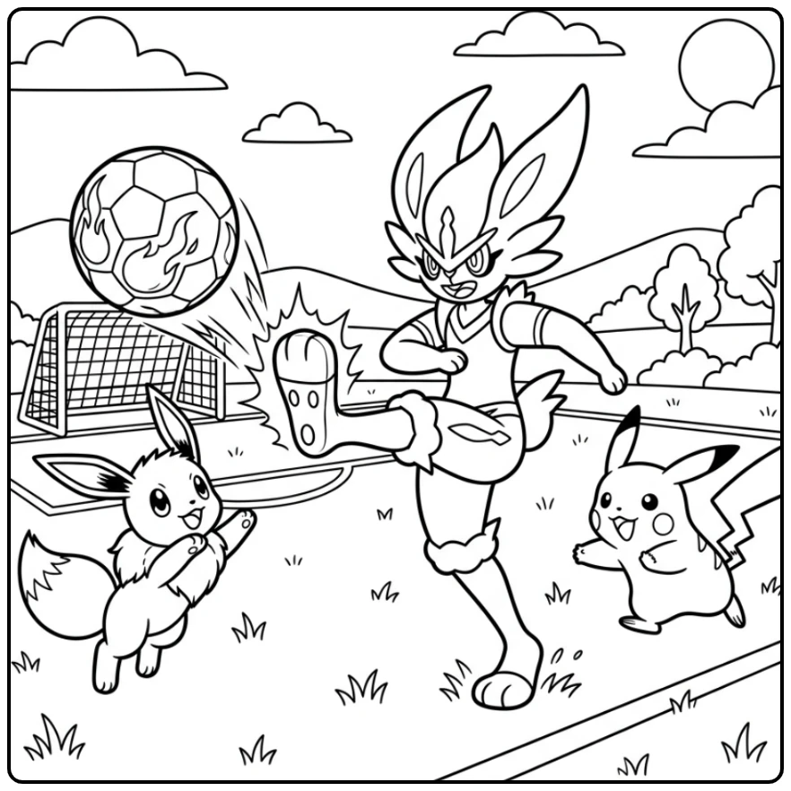 Dynamische kleurplaat pokemon cinderace: Cinderace, Eevee, Pikachu voetballen