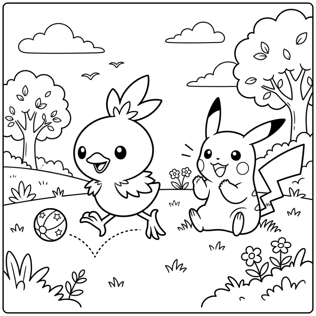 Leuke kleurplaat pokemon schattig: Torchic speelt, Pikachu juicht.