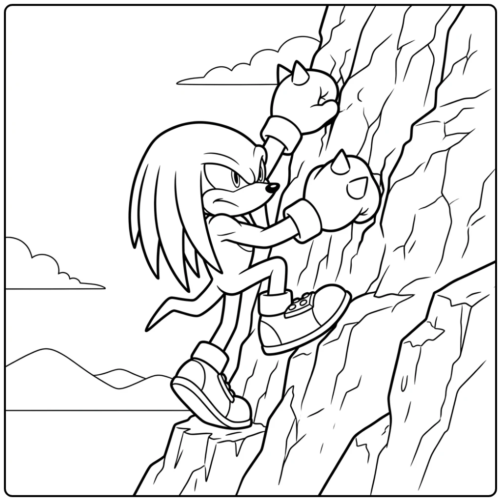 Knuckles kleurplaat van de held die een ruige klif beklimt met zijn vuisten.