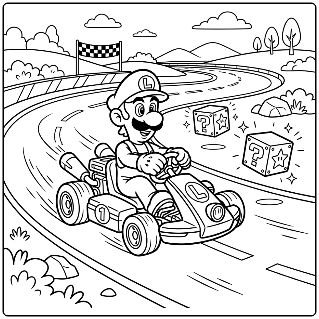 Luigi kleurplaat: Luigi racet in een kart over simpele baanlijnen.