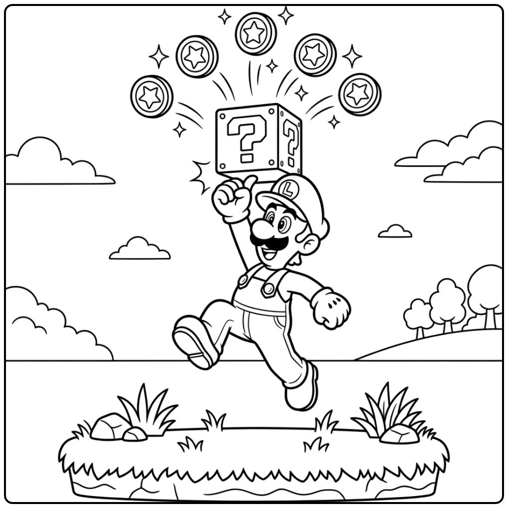 Luigi kleurplaat van Luigi die hoog springt naar een vraagtekenblok.