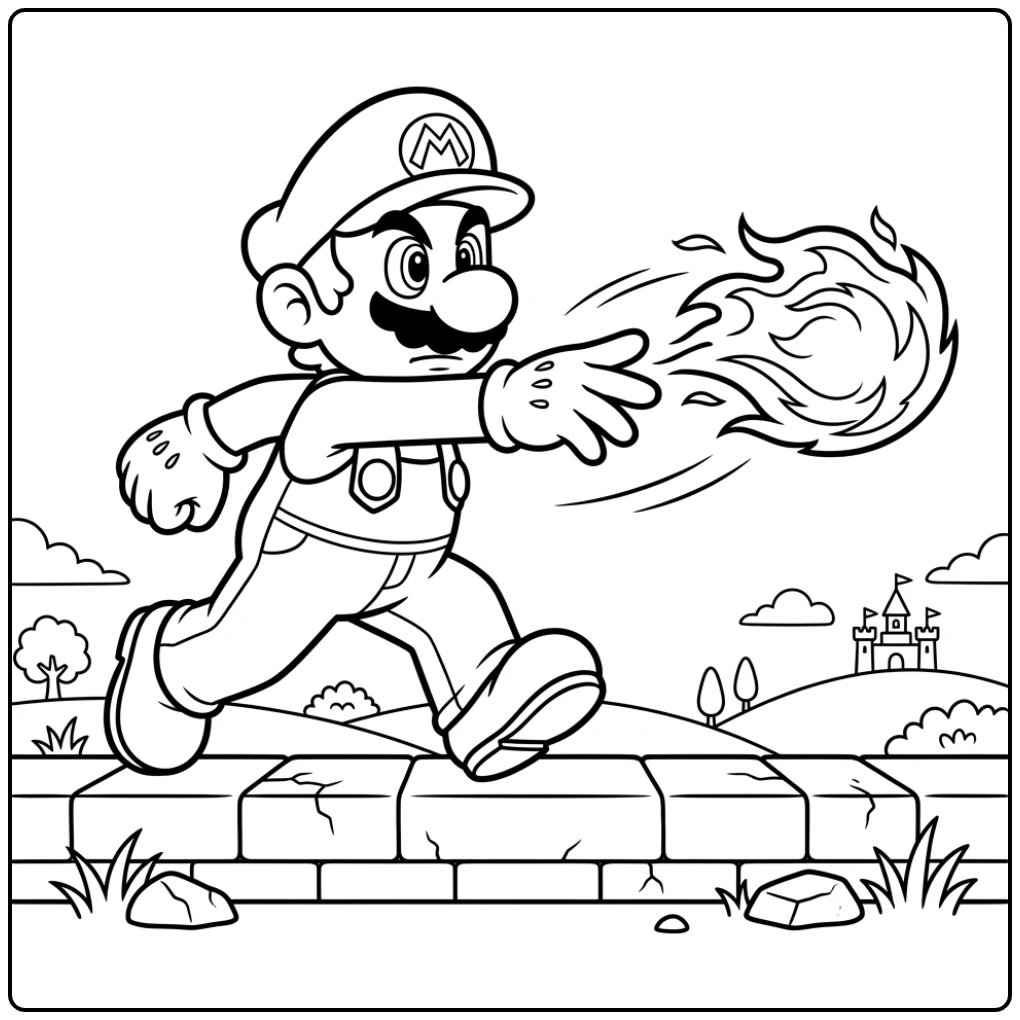 Mario werpt een krachtige vuurbal vooruit, een dynamische mario kleurplaat.