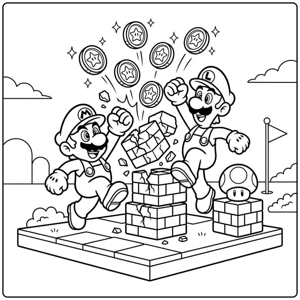 Mario kleurplaat met Mario en Luigi die blokken breken.