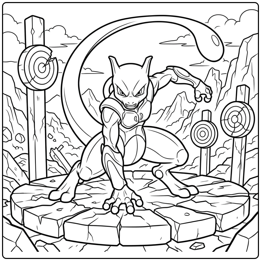 Stoere mewtwo kleurplaat op een gebarsten trainingsplatform.