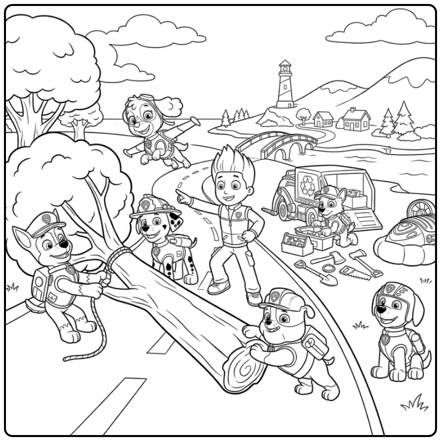 paw patrol kleurplaat met Ryder en team ruimen boom op weg.