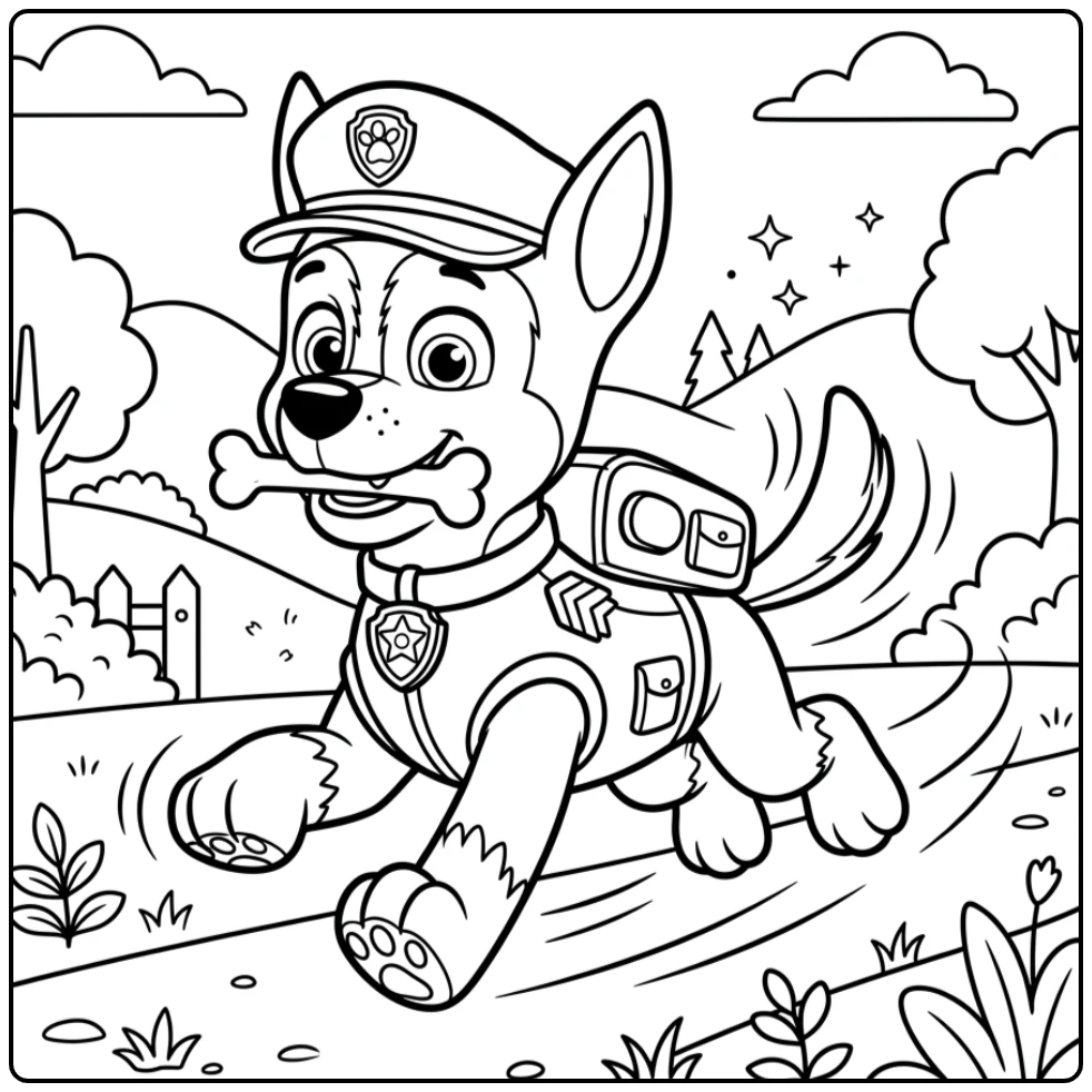Rennende Chase met botje, een paw patrol kleurplaat makkelijk voor kids