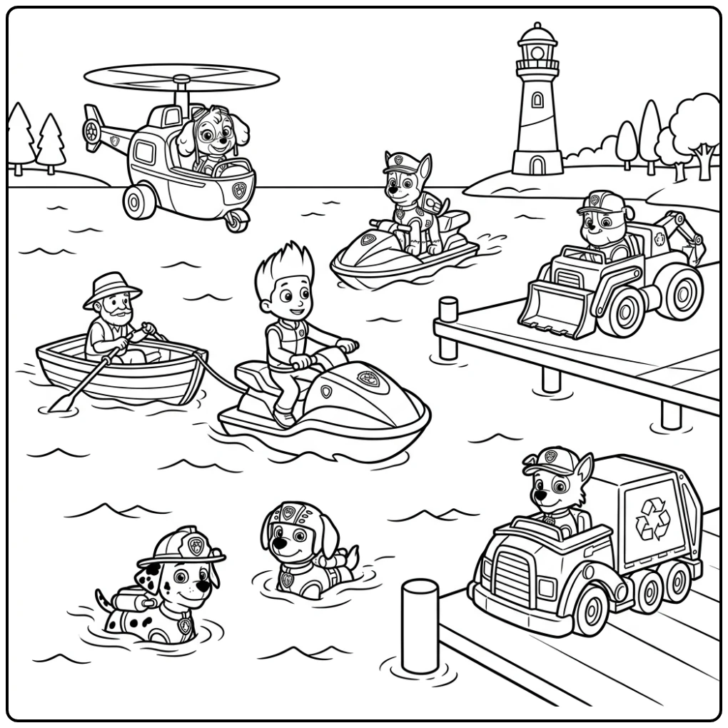 Paw Patrol team redt boot bij de pier, een perfecte paw patrol kleurplaat.