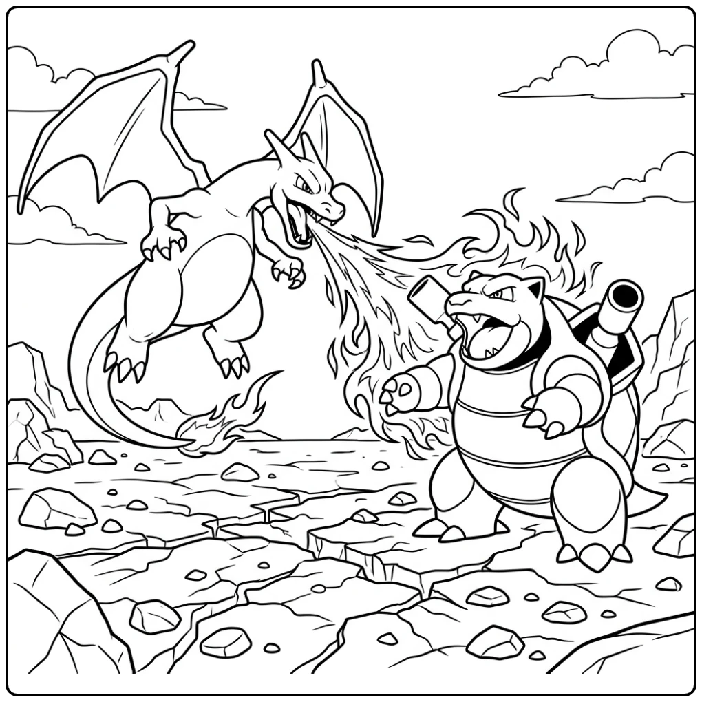Intense pokemon kleurplaat charizard x vs Blastoise gevecht