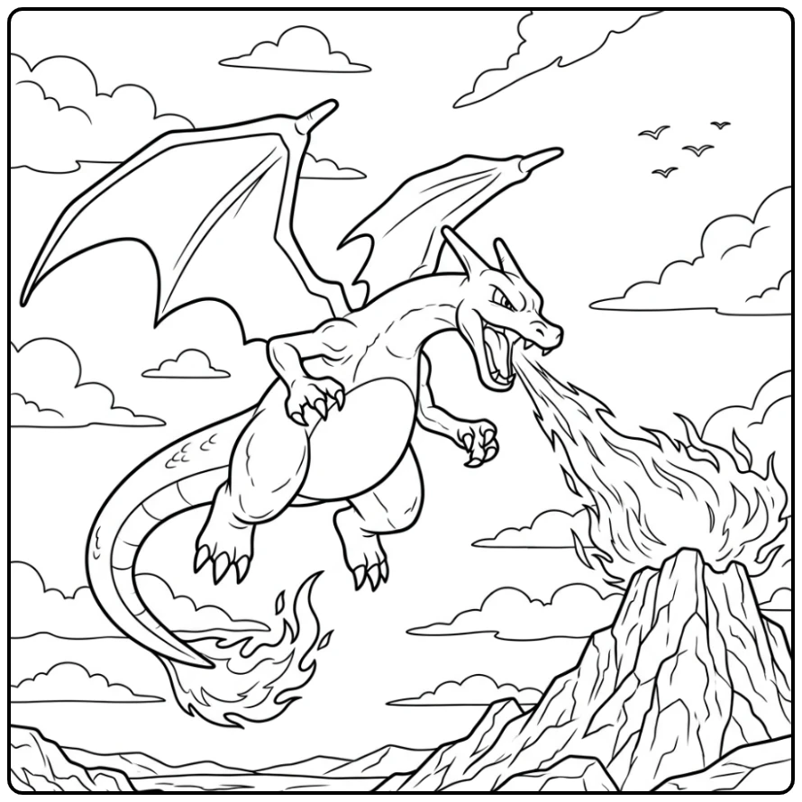 Vliegende pokemon kleurplaat charizard x spuwt vuur naar rotsformatie