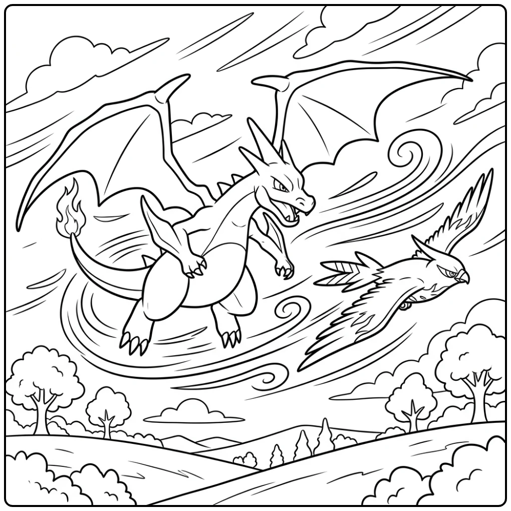 Dynamische pokemon kleurplaat mega charizard y, Charizard jaagt Talonflame.