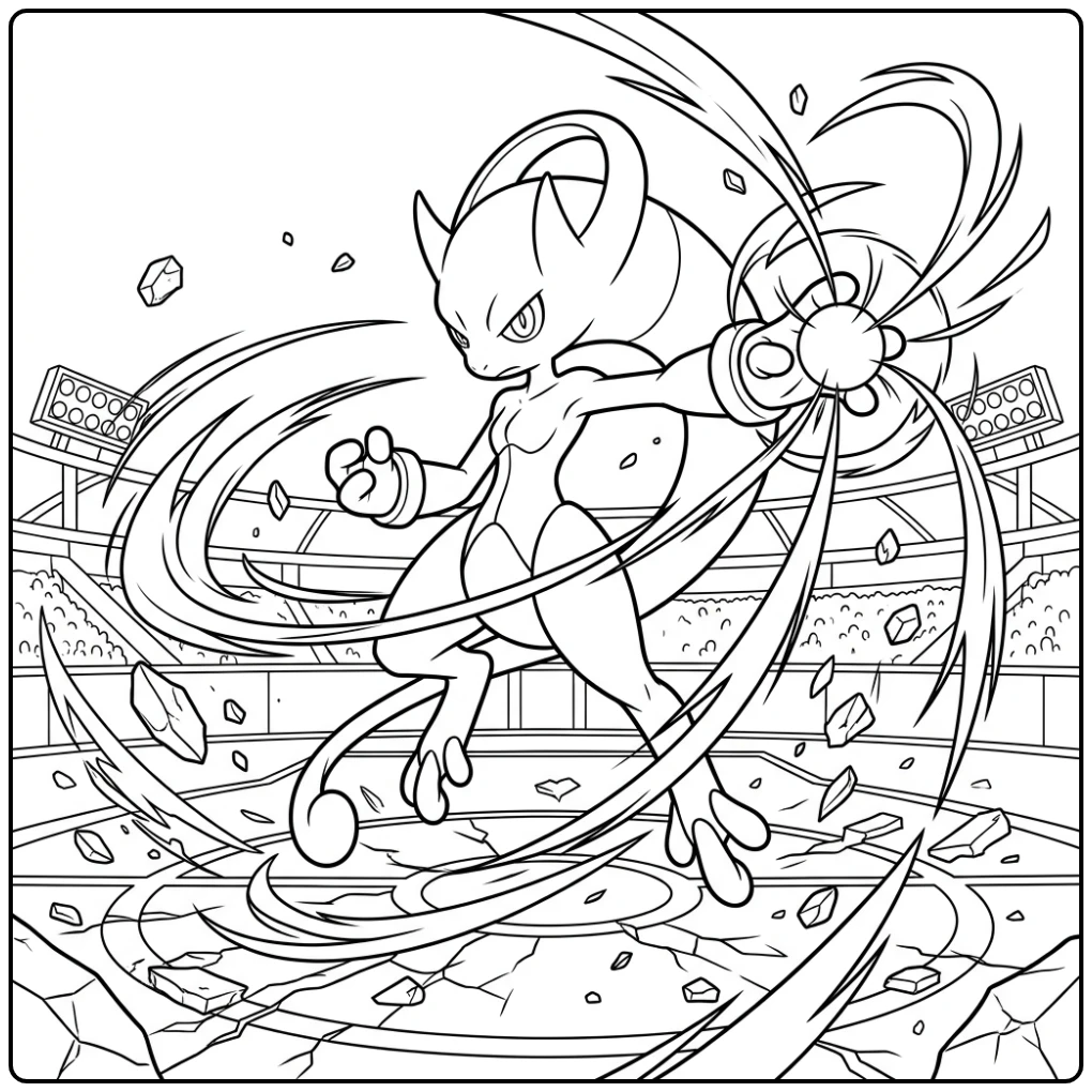 pokemon kleurplaat mega mewtwo in de lucht boven een stadion.